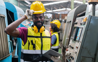 Engineering male african american happy smiling workers wear sou