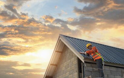 Roofer Construction worker install new roof,Roofing tools,Electr