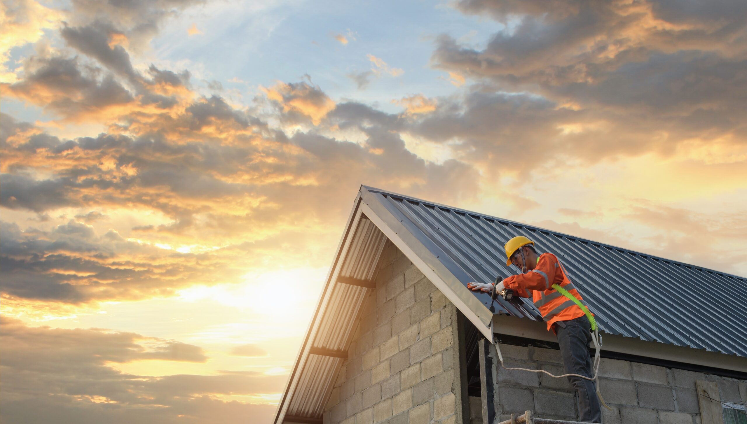 Roofer Construction worker install new roof,Roofing tools,Electr